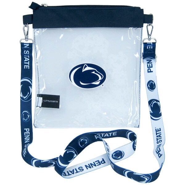 clear crossbody bag with repeating Penn State and Athletic Logos on strap